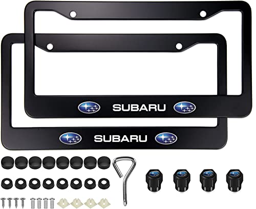 Black License Plate Frames For Subaru, 2Pcs Car License Plate Bracket Holder, Premium Aluminum Alloy Weather Proof License Plate Covers With Screw Caps Cover Set Car Accessories #TOP2