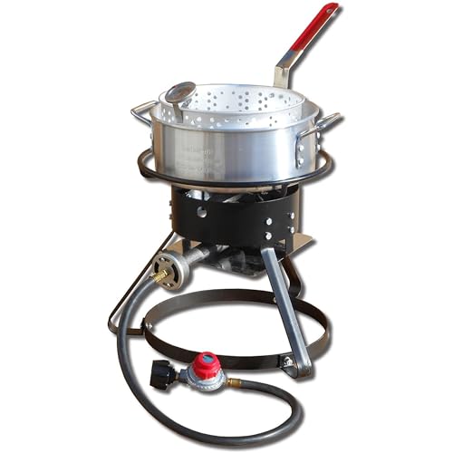 Image of Metal-Fusion Import Outdoor Fish Fryer with Recipe Booklet, 10 Quart Aluminum Fry Pan, and Burner for Outdoor Fryer Accessories, Multicolor