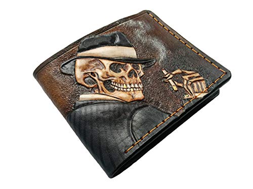 Gangster, Cigarette, Smoking Skull, Skeleton, Men's 3D Genuine Leather Wallet, Handmade Wallet, Carved Wallet, Tooled Wallet, Airbrush Art, Bifold Wallet, Custom Wallet, Personalized Wallet #TOP2