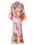 Mignon Cromwell Womens Silk Kimono Robe Long Floral Bridesmaids Robe Satin Wedding Party Bridal Robe Dressing Gown Loungewear Sleepwear, Small-Large