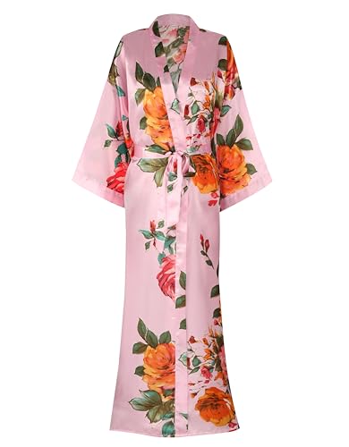 Image of Women Silk Kimono Robe Long Floral Bridesmaids Robes Satin | Wedding Party Bridal Getting Ready Robe Lightweight Dressing Gown Loungewear Sleepwear