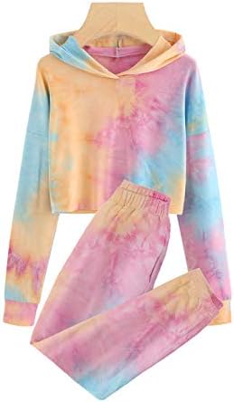 Meikulo Kids Girls Crop Tops Tie Dye Hoodies Cute Long Sleeve Shirt Pullover Sweatshirts Sweatpants Jogger Sweatsuits Casual Wear Tracksuits 2 Piece Outfits Orange, 13-14 Years