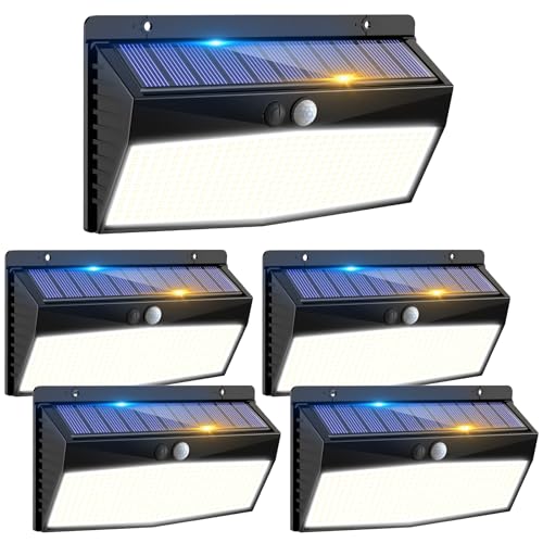 5 Pack 368 LED Solar Lights Outdoor Motion Sensor, Solar Fence Light with 3 Lighting Modes, Solar Powered Security Lights Waterproof for Outside Yard Wall Garden Backyard Step Garage