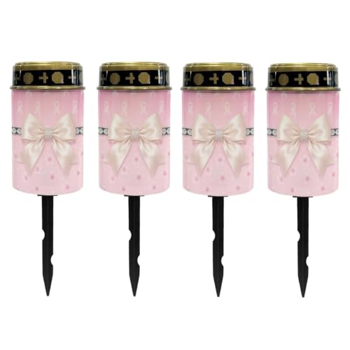 Image of Poceacles Outdoor Solar Lights Garden Cemetery Flameless Candle Water Resistant Pillar Candle Solar Garden Stake Lights for Cemetery Grave Decorations, Pink Ribbon Bow Cherry Blossom, Set of 4