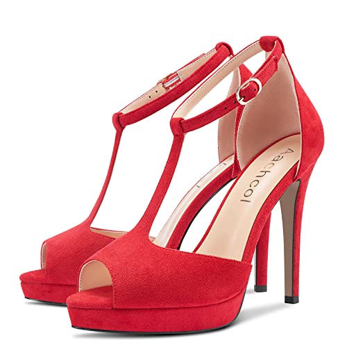 Aachcol Women Sandals T-strap Platform Peep Open Toe Ankle Strap Stiletto High Heel Dress Shoes Pumps Wedding Suede 5 Inch4
