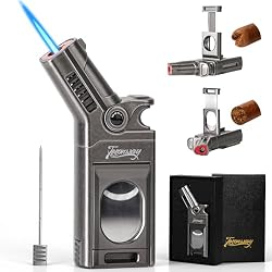 Tesonway Torch Lighter with Windproof Single Jet Flame, Straight & V Cutters, Cigar Draw Enhancer, Refillable Butane Torch Lighter, Gift for Cigar Lovers (Butane Not Included)