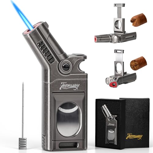 Tesonway Torch Lighter with Windproof Single Jet Flame, Straight & V Cutters, Cigar Draw Enhancer, Refillable Butane Torch Lighter, Gift for Cigar