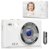 4K Digital Camera for Photography, 64MP Compact Vlogging Camera with WiFi and 3' 180° Flip Screen, 18X Digital Zoom, Ideal for YouTube Creators, Includes 2 Batteries & 32GB Micro SD Card, White