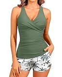 Women Green Palm Tree Tankini Swimsuits with Shorts - Two Piece Tummy Control Bathing Suits Top with Two Pockets Bottom Swimwear L