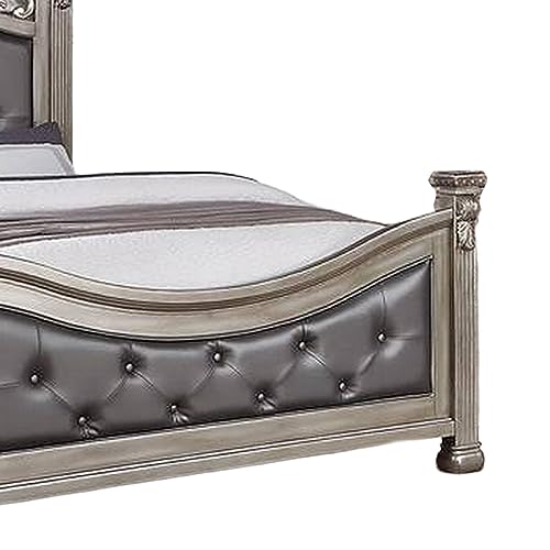 Benjara Jax Traditional King Size Bed, Tufted Upholstered Headboard, Champagne Silver - Thumbnail 4
