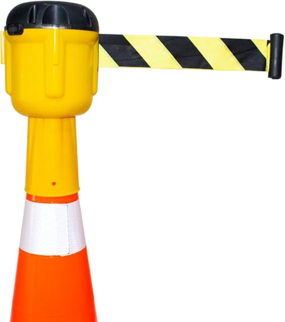 Retractable Traffic Cone Topper Tape - 9 Meter | Skipper Belt Cone Barrier Tape Yellow | Cone Mountable Emergency Warning Belt | High Visibility Retractable Belt Stanchion