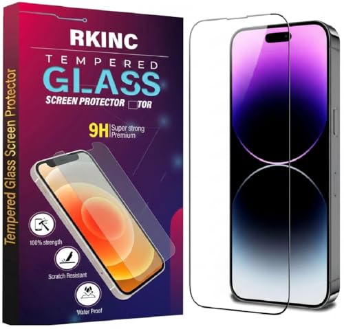 Image of RKINC Tempered Glass for iPhone 14 Pro (6.1 Inch) Military Grade Gorilla Screen Guard Protector | With Installation Kit | Edge to Edge Coverage | Black
