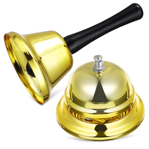 BIUDECO Timbres De Escritorio Mano Dorados Metálicos, Juego De 2 Piezas, Campanas De Llamada Para Suministros De Restaurante, Hotel y Aula, Uso Versátil Para Servicio y Comedor