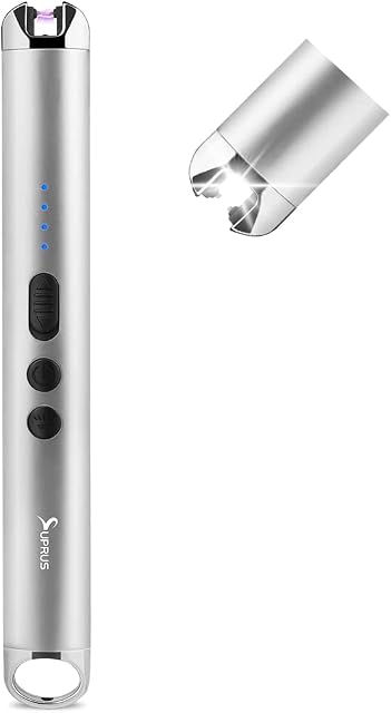 SUPRUS Candle Lighter Arc wiatroszczelna, bezpłomieniowa zapalniczka, ładowana przez USB, ze wskaźnikiem baterii LED, do świec, fajerwerków, BBQ, kuchni, grilla (srebrna)
