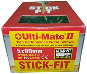 Ulti-Mate 2 Super High Performance Wood Screw with Stick Fit (Including High Quality Stick Fit Bit) Anti Rust, One Hand Driving, State of The Art Pozisquare, Anti-Camout Recess (5.0 x 90mm (100))