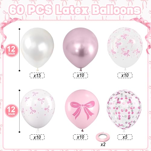 Image of Pink Bow Balloons, 60Pcs 12inch Girl Women Princess Birthday Party Balloons | Light Baby Pink Pearl White Balloons, Bow Printed Balloon Metallic Confetti Balloons for Baby Shower Bachelorette Party Decor