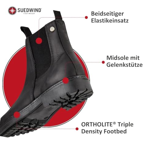 SUEDWIND FOOTWEAR Reitstiefeletten für Damen NEW WORK – Chelsea Boots aus Leder – Reit- & Freizeit-Stiefelette mit Ortholite-Fußbett, Gummisohle & Lederinnenfutter – Schwarz – Gr. 39