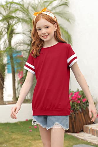 Ebifin Girls Casual Short/Long Sleeve T Shirts Kids Loose Soft Striped Color Block Tunic Tops, Tees Blouses Size 4-15 Years A-Red #TOP2