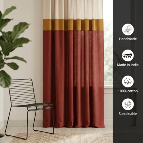 Image of Peepul Tree Cotton 7ft Door Curtain in Maroon & Off White | Woven Colour Block Design | 70% Semi Blackout | Top to Bottom Reversible Curtain