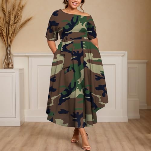 Image of Plus Size Women Wedding Guest Dress Off Shoulder Boat Neck Irregularly Flowy Midi Church Dress