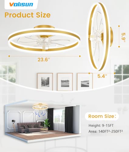Image of VOLISUN Low Profile Ceiling Fans with Lights and Remote, 24in Flush Mount Ceiling Fans with Light, 3000K-6500K Dimmable Fandelier LED Fan Light, Gold Bladeless Ceiling Fans with Lights for Bedroom