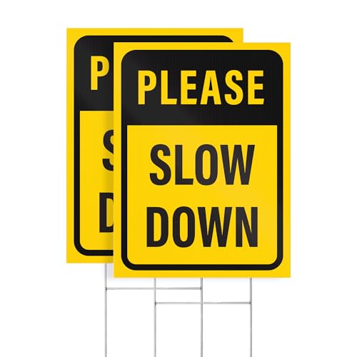 Panneaux de cour Please Slow Down en plastique ondulé 30x40 cm avec piquets en H x2