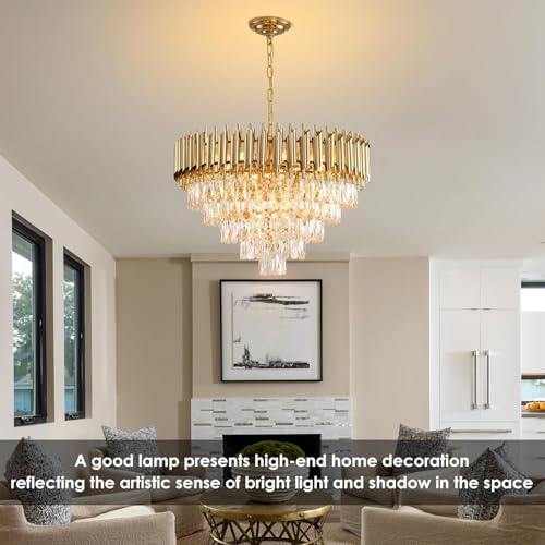Image of Manraj Modern Crystal Chandelier, 600 mm Round, 5-Tier Pure Gold, K9 Crystal Ceiling Light Fixture for Living Room and Hallway (Pure Gold, 600mm)