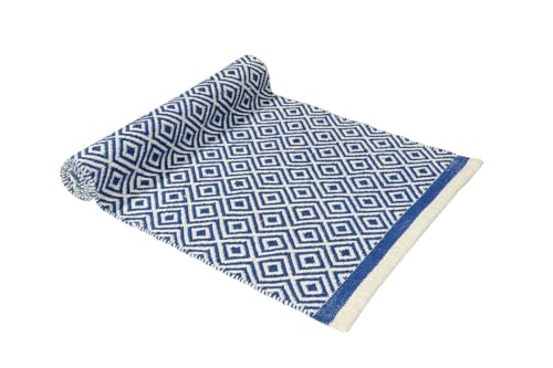 Image of FIASCO Hand Woven 100% Natural Cotton Export Quality Designer Striped Rug, Bed Side Runner Rug Carpet for Bedroom, Passage,Living Room, Size- 2X5 Feet Blue Diamond