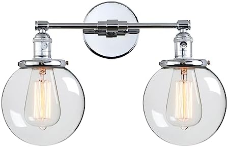 Phansthy 2 Lights Wall Sconce Industrial Wall Light Fixture with Dual 5.9 Inches Handmade Globe Glass Lampshade (Chrome)