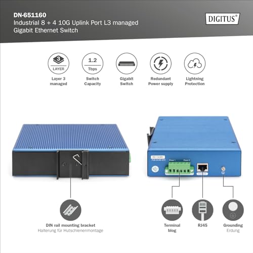 Digitus Switch Di Rete - 12 Porte Gigabit Ethernet - 8X RJ45 + 4X SFP+-10 Gigabit - IP40 - L3 Gestito, Vlan - 10/100/1000 Mbit/S - Montaggio Su Guida Din - Serie Industriale - Nero/Blu - 3