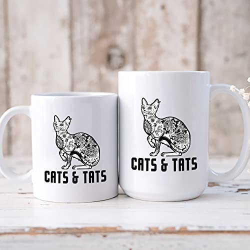 Cats And Tats Mugs Gifts, Funny Cat Tattoo Ceramic Coffee Mugs Gifts For Cat Lovers, Cats And Tats Tea Cup Gift For Men Women On Birthday, Gift Idea For Dad Mom From Son Daughter, Mug 11Oz 15Oz #TOP5
