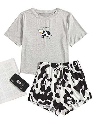 Wdirara Women's Cartoon Cow Print Short Sleeve Tee And Shorts Pajama Set Multicolored S #TOP4