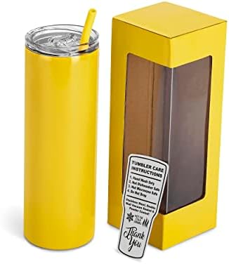 makerflo 20oz Skinny Tumbler With Lid & Straw, Stainless Steel Insulated Cup With Leak-Proof, BPA-Free, Powder Coated For Engraving Crafting Vinyl Acrylic Epoxy, Personalized Travel Mug(Yellow,1 pc)