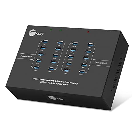 SIIG 20-Port Industrial USB 3.0 Hub with Charging - 200W, 5Gbps with 5V/2.1A per Port, Powered Multiport Hub Expander for Laptop, Tablets, Cellphone, External HDD, Keyboard and Mouse (ID-US0611-S1) Cover