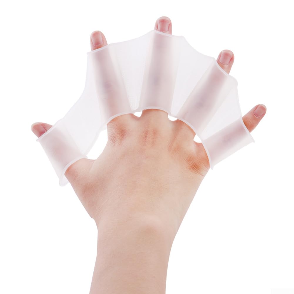 QuivyLivy Silicone Swim Gloves, Webbed Finger Paddles, Frog Hand Flippers, Aquatic Training gears For Open Water Swimming, Surfing Bodyboarding, Water(M White（one pair）)