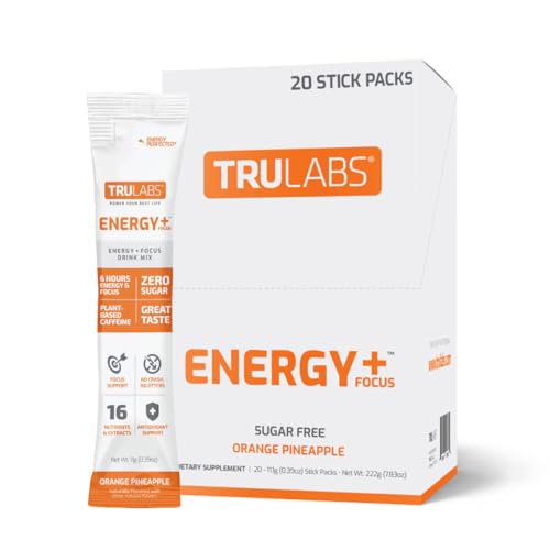 TRULABS Energy + Focus Orange Pineapple 20ct. Sugar-Free Energy Drink Packets. Each Serving Contains 300 mg Caffeine from Guarana Extract, Plus Amino Acids and Antioxidants