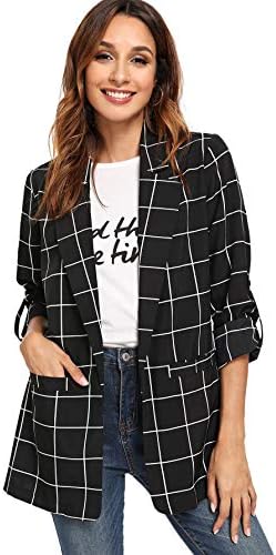 Milumia Women's Open Front Blazer Casual Lightweight Plaid Roll Up Sleeve Jacket Shirt Black Medium