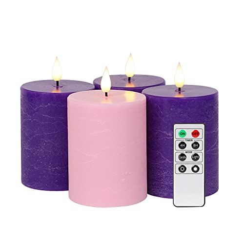 Fanna 4 Candele Led con Telecomando e Batteria per Avvento, Candele con Timer per Natale Decorazione Uso Interno - H 10cm - Rosa/Viola