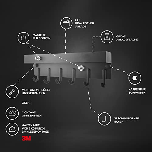 FOSIEN® design schlüsselbrett mit ablage und Magnethalter für Notizen ohne bohren/flur deko als schlüssel organizer/schlüsselbrett schwarz weiß 3M selbstklebende Haken und magnete Schwarz