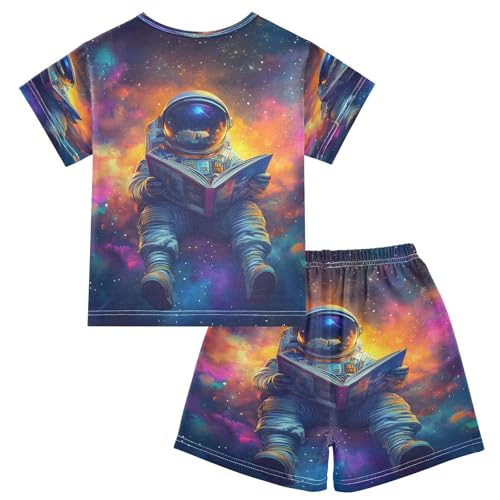 ALAZA Astronaut Reading Book Space Pajamas Set Short Sleeve Cotton Sleepwear Summer Pjs 2 Piece 5-14Y2