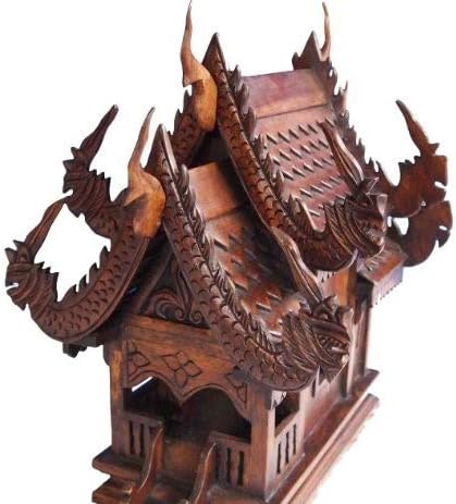 Thai Temple Spirit House from Chiang Mai in Thailand Carved Brown Teak Wood Height approx. 49 cm x 41 x 25 cm Very Large