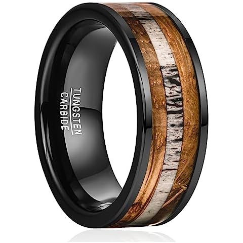 NUNCAD 8mm Black Tungsten Carbide Engagement Wedding Ring for Men Whiskey Barrel Wood Inlay Comfort Fit Size 12 Cover