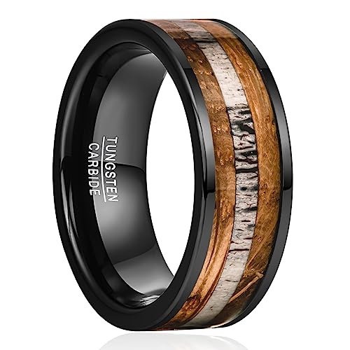 NUNCAD Bague Homme en Tungstène 8mm Anneau Noir et Marron Élégance Rustique Alliance avec Incrustation en Bois de Fût de Whisky et Bois de Cerf Taille...