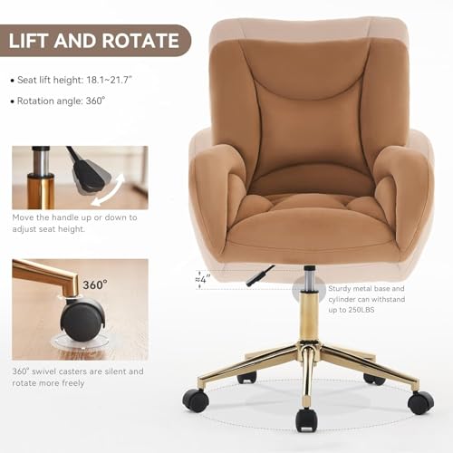 Image of FOXHUNTER Home Office Desk Chair, 360 Swivel Velvet Desk Chair with Gold Base Upholstered Adjustable Task Chair, Modern Swivel Rolling Chair for Living Room Bedroom, Velvet Brown