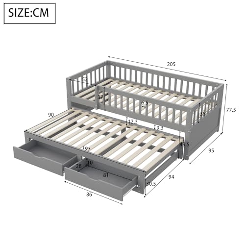 Miniatura 2 de Rexo Sofá Cama De Madera Maciza De 90 X 200 Cm Con Rejilla De Seguridad Y Somier, Cama Extensible Con 2 Cajones, Cama Infantil Para Adultos, Color Gris