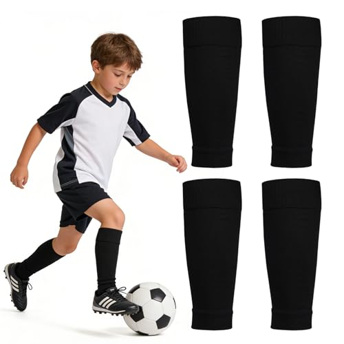2 Paar Stulpen Kinder Fußball Stutzen, Schwarz Atmungsaktiv Schienbeinschoner Socken, Atmungsaktive Trainingssocken für Kinder Jungen/Mädchen Radfahren Laufen Basketball Fußball Stutzen
