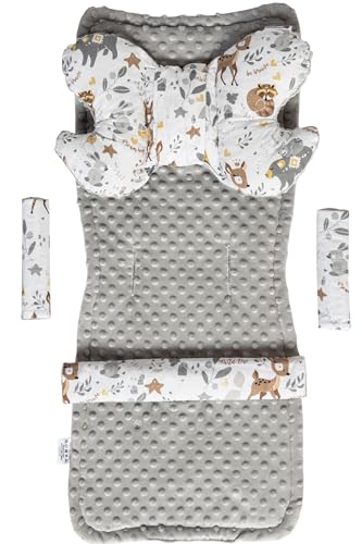 Medi Partners Sitzauflage Kinderwagen Buggy Baby Sommer Kindersitz Einlage Universal - 5tgl Gurtpolster + Spielbogen Kinderwagenset Babyschale (REH mit Grauer Minky)