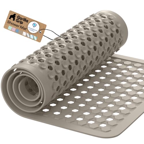 GORILLA GRIP Patented Bath Tub Shower Mat, Machine Washable Bathtub Floor Liner Mats, Suction Cups and Drain Holes to Keep Tubs Clean, Soft on Feet, Bathroom Essentials, 35x16 Inch, Beige