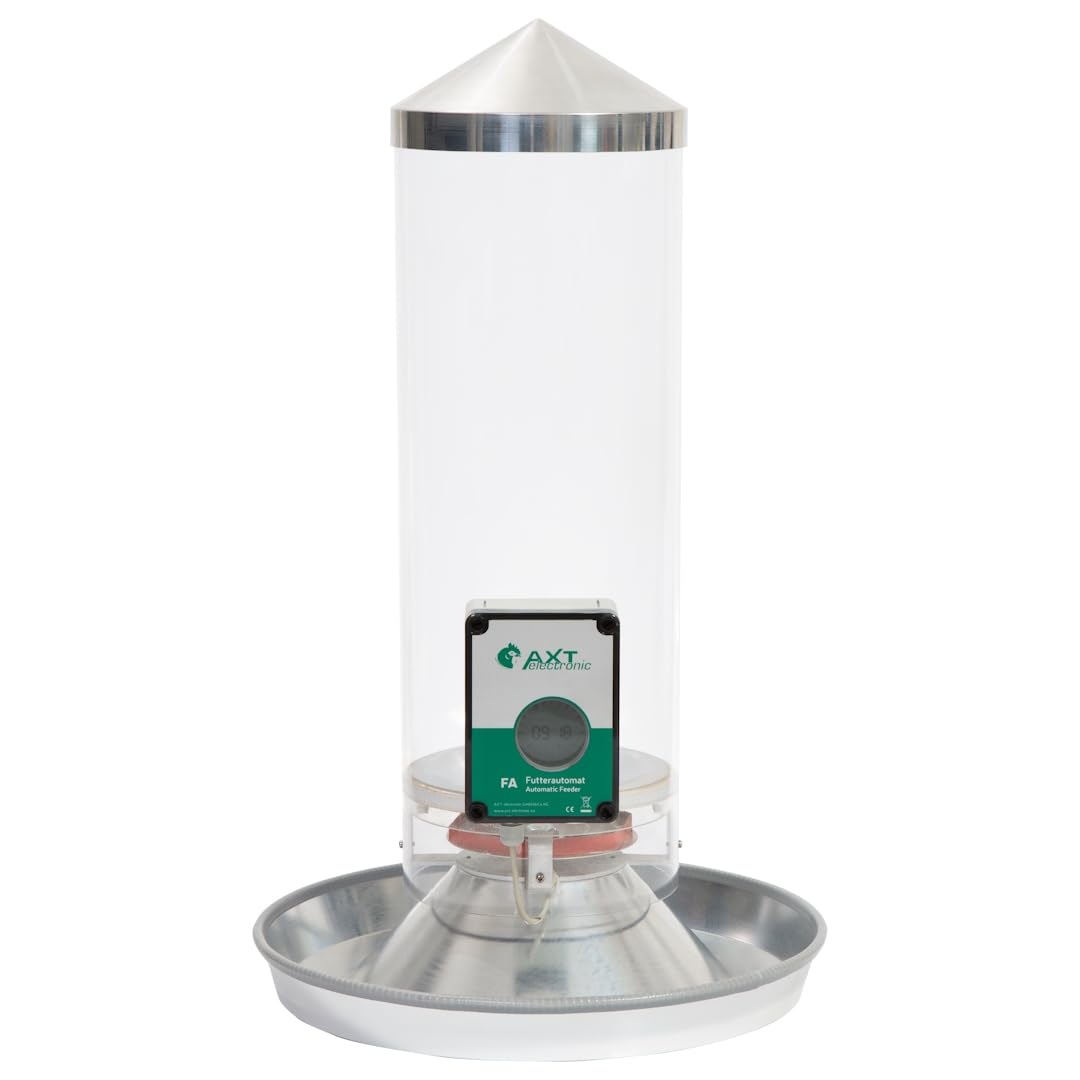 Elektronischer Futterautomat FA2-10 für Hühner und anderes Geflügel, 10 Liter Silo, mit Futtertrog als Standfuß