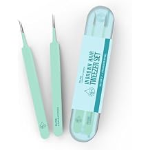 Base Labs Ingrown Hair Tweezers Set 2 Pack Precision Tweezers for Ingrown Hair Removal, Curved & Pointed Tip Stainless Steel Tweezers with Protective Case for Razor Bumps, Splinters & Facial Hair